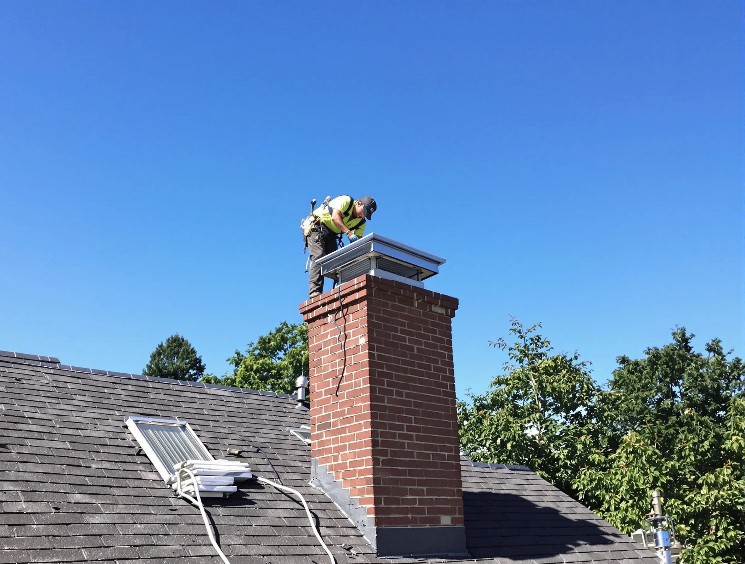 Acton Chimney Sweep technician measuring a chimney cap in Acton, MA