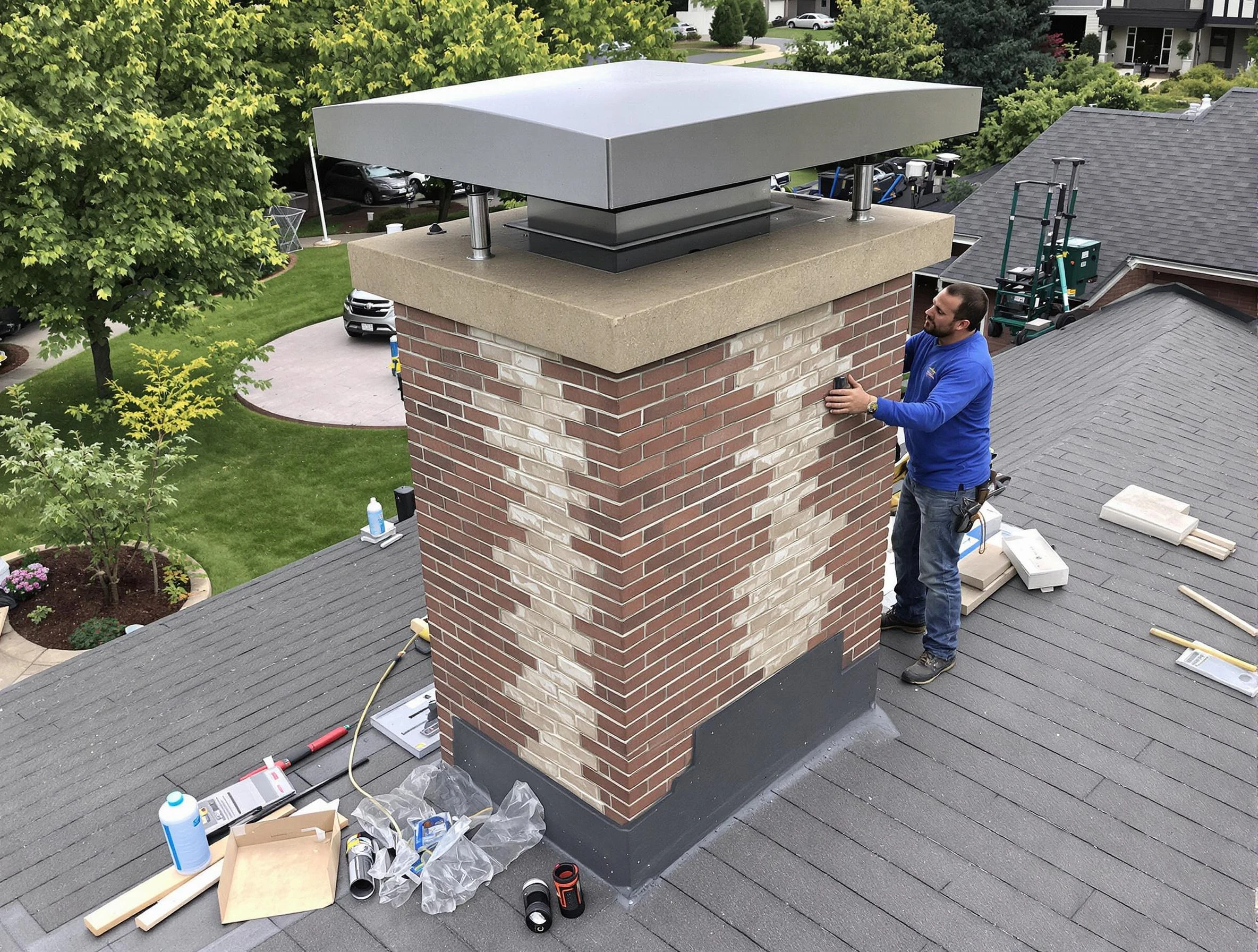 Acton Chimney Sweep team working on a custom chimney remodel in Acton, MA
